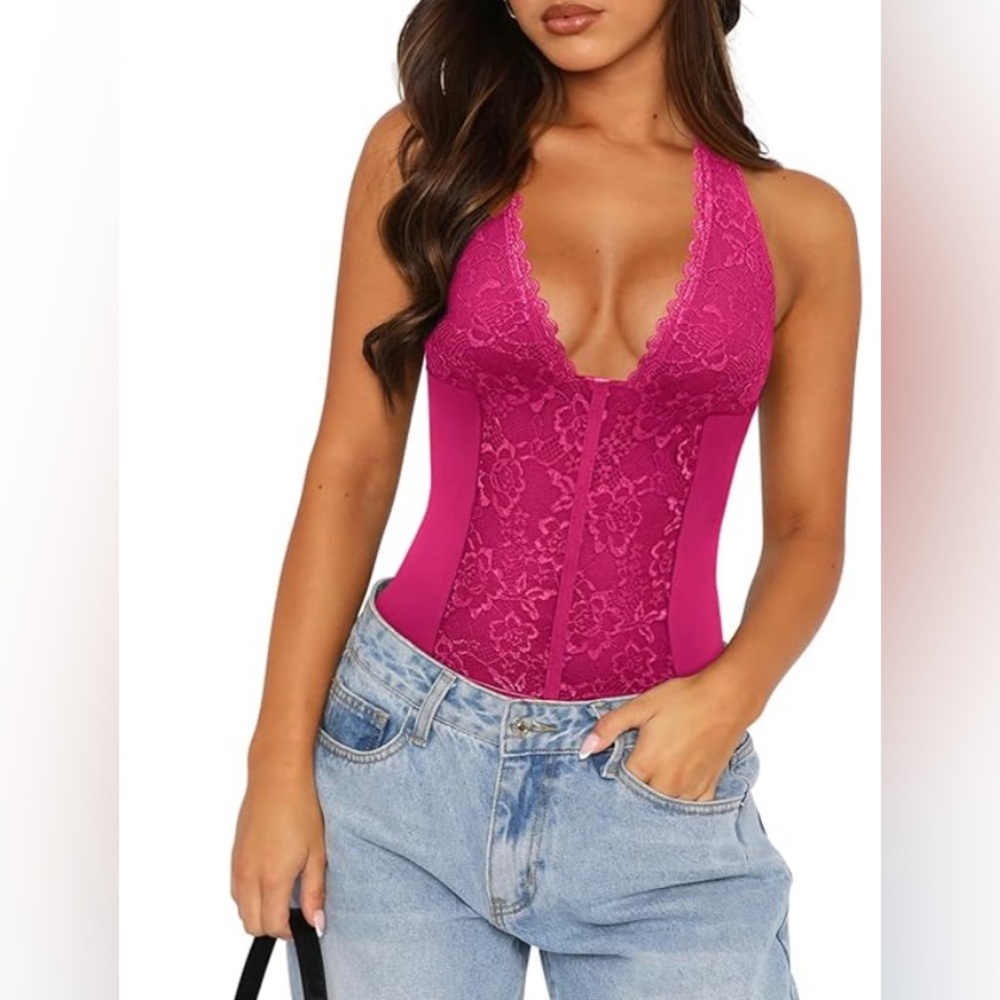 Rose Red UNCOOYEE Summer Sexy Floral Lace Halter V Neck Backless NWT S